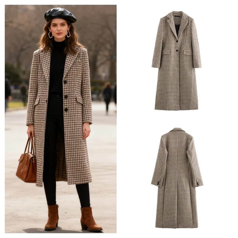 Damen Lang geschnittener Karo-Mantel aus Wollmix mit taillierter Silhouette, Reverskragen und Pattentaschen Nord Taschen
