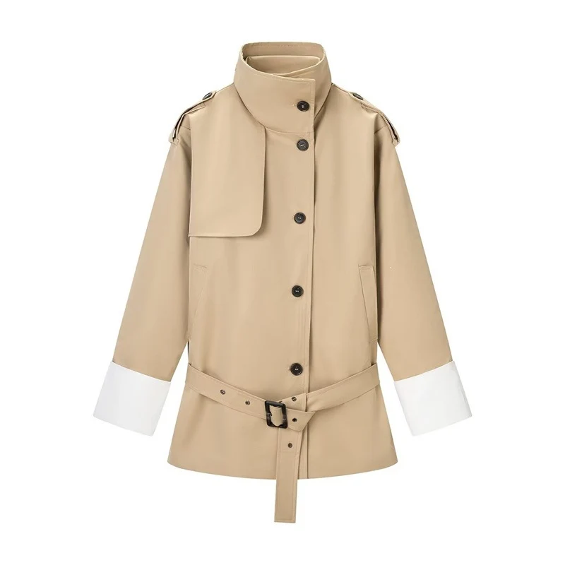 Damen Kurztrenchjacke mit Stehkragen, Taillengürtel und Kontrastmanschetten Nord Taschen