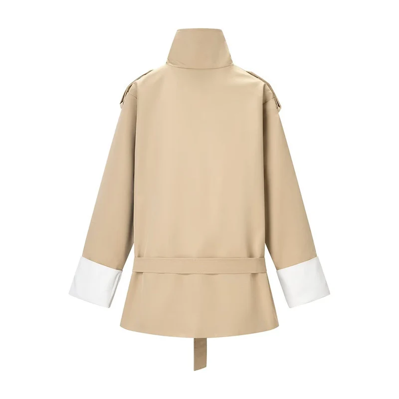 Damen Kurztrenchjacke mit Stehkragen, Taillengürtel und Kontrastmanschetten Nord Taschen
