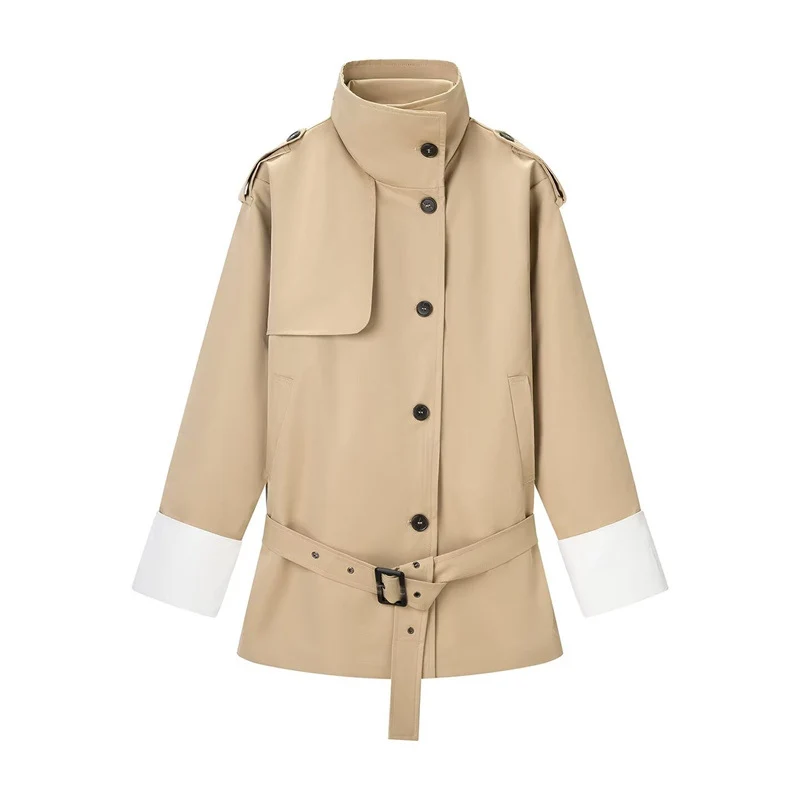 Damen Kurztrenchjacke mit Stehkragen, Taillengürtel und Kontrastmanschetten Nord Taschen