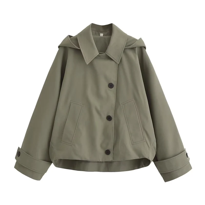 Damen Kurztrenchjacke im Boxy‑Schnitt mit Reverskragen und aufgesetzten Pattentaschen Nord Taschen