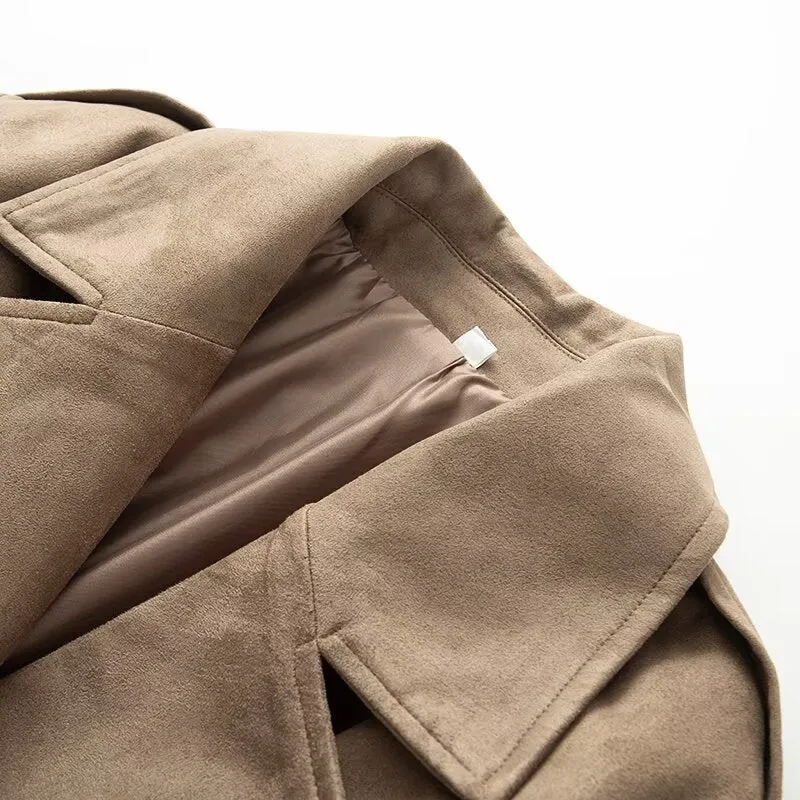 Damen Kurzmantel im Trenchstil aus Velours‑Wildlederoptik mit Bindegürtel Nord Taschen