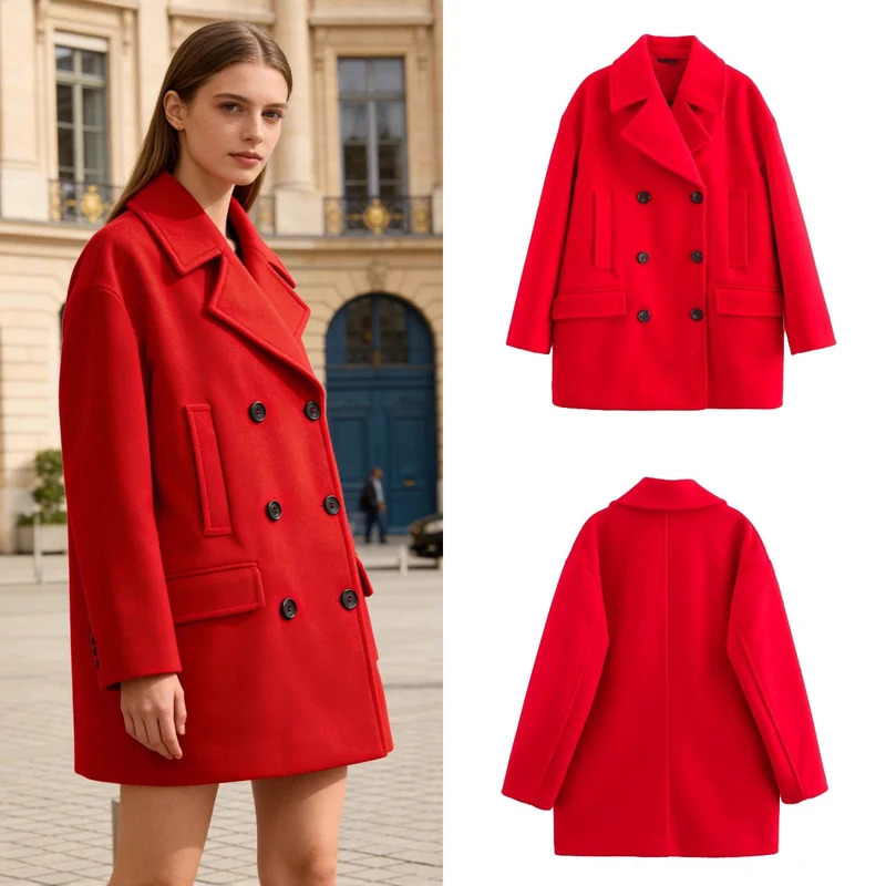 Damen Kurzmantel im Peacoat-Stil mit Doppelreiher und aufgesetzten Pattentaschen Nord Taschen