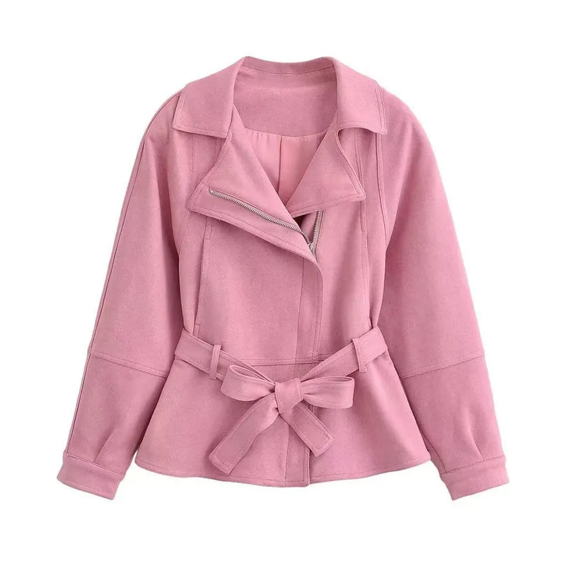 Damen Kurzjacke mit Taillengürtel, asymmetrischem Revers und Peplum-Saum Nord Taschen