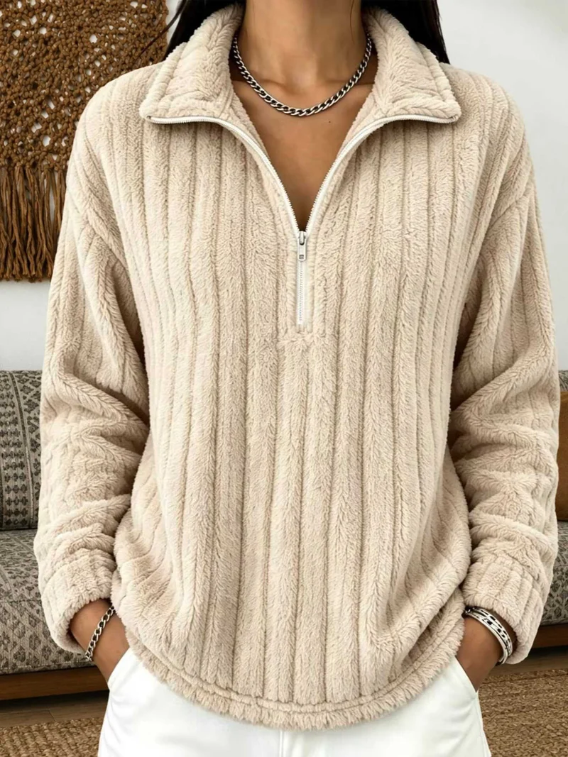 Damen Kuscheliger Plüsch-Halfzip-Pullover mit Stehkragen Nord Taschen