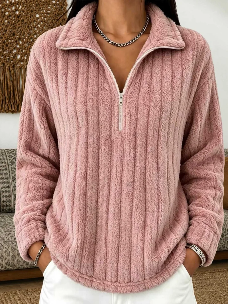 Damen Kuscheliger Plüsch-Halfzip-Pullover mit Stehkragen Nord Taschen