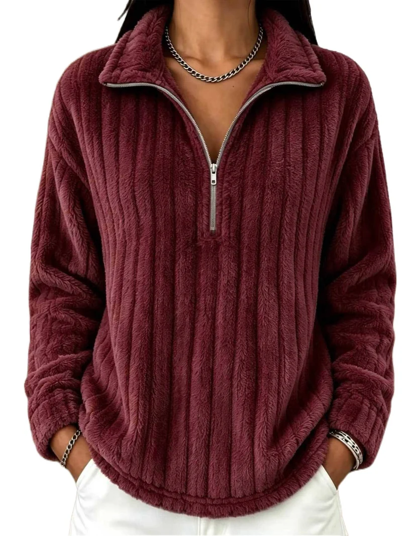 Damen Kuscheliger Plüsch-Halfzip-Pullover mit Stehkragen Nord Taschen