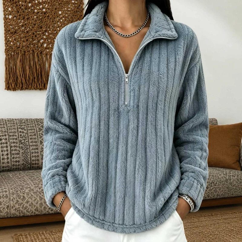 Damen Kuscheliger Plüsch-Halfzip-Pullover mit Stehkragen Nord Taschen