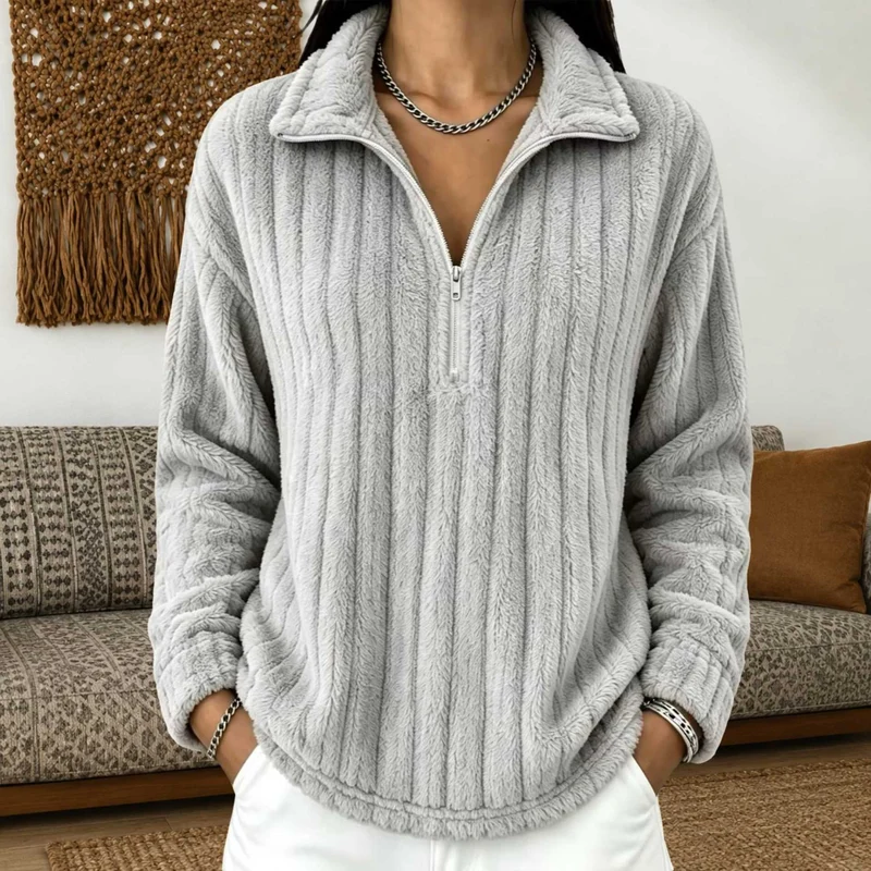 Damen Kuscheliger Plüsch-Halfzip-Pullover mit Stehkragen Nord Taschen