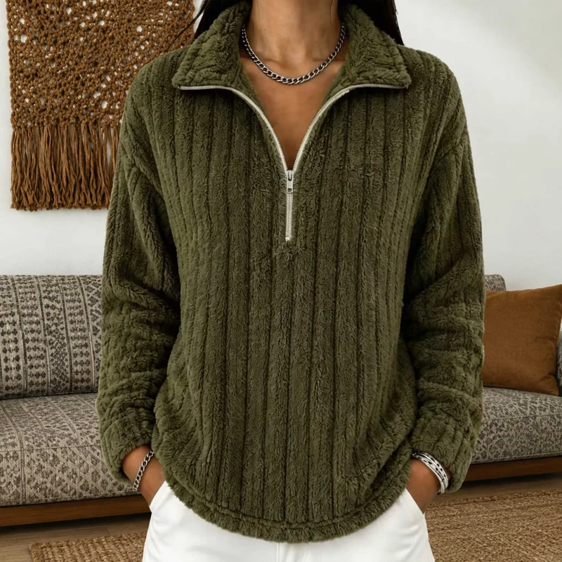 Damen Kuscheliger Plüsch-Halfzip-Pullover mit Stehkragen Nord Taschen