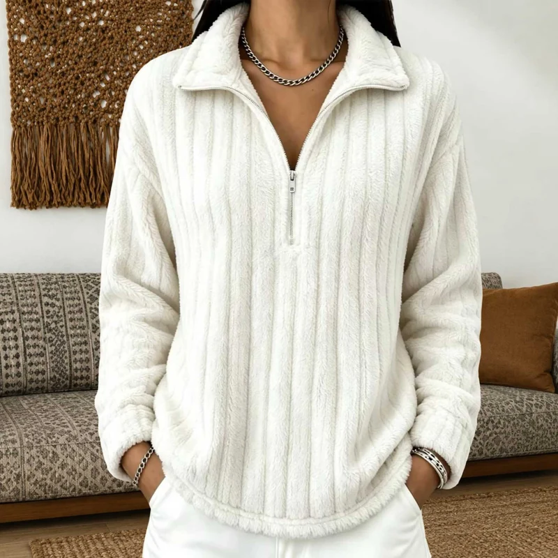 Damen Kuscheliger Plüsch-Halfzip-Pullover mit Stehkragen Nord Taschen