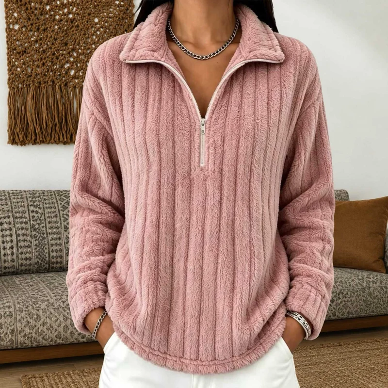 Damen Kuscheliger Plüsch-Halfzip-Pullover mit Stehkragen Nord Taschen