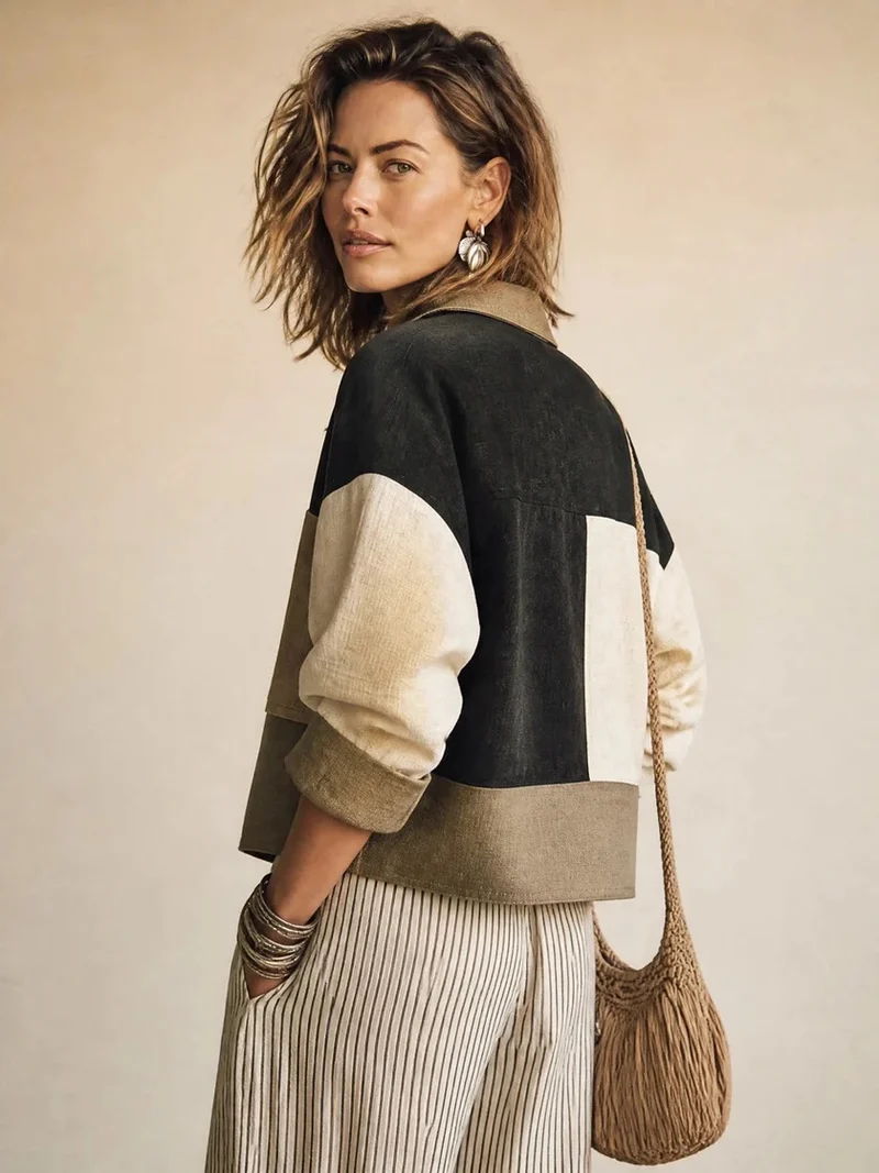 Damen Kurzjacke im Colorblock-Stil mit Doppelreihe und Leinenoptik Nord Taschen