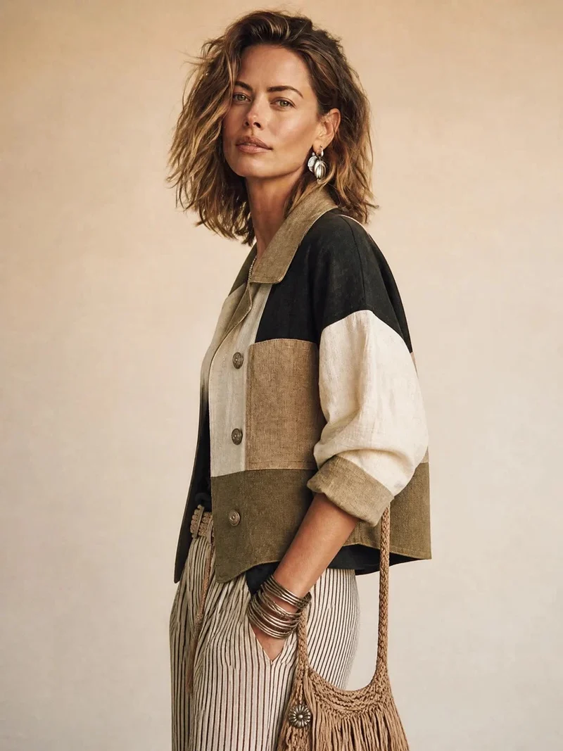 Damen Kurzjacke im Colorblock-Stil mit Doppelreihe und Leinenoptik Nord Taschen