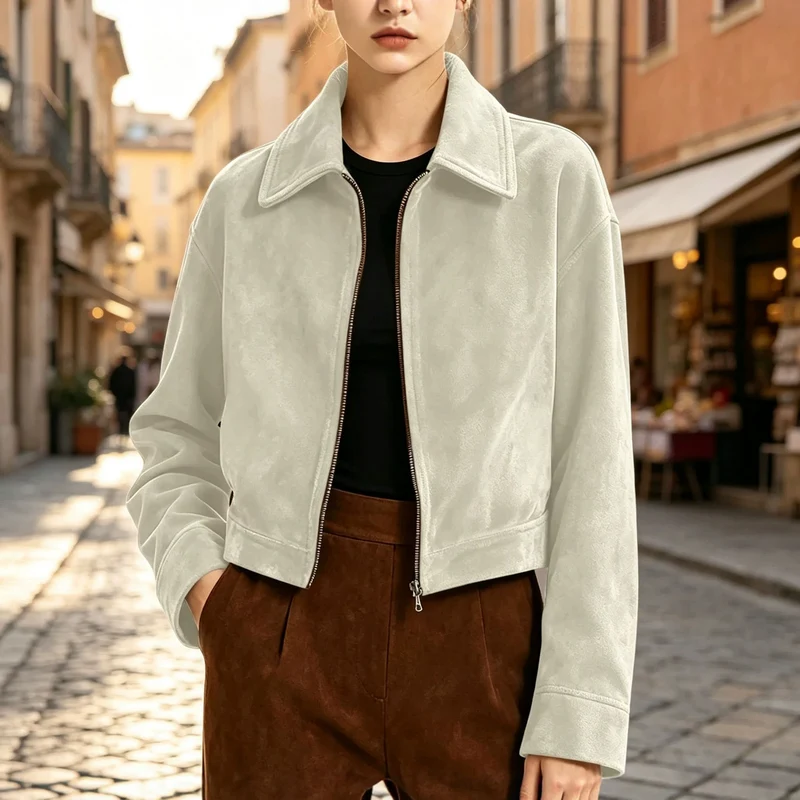 Damen Kurzjacke aus Wildlederoptik mit Reißverschluss und weitem Hemdkragen Nord Taschen