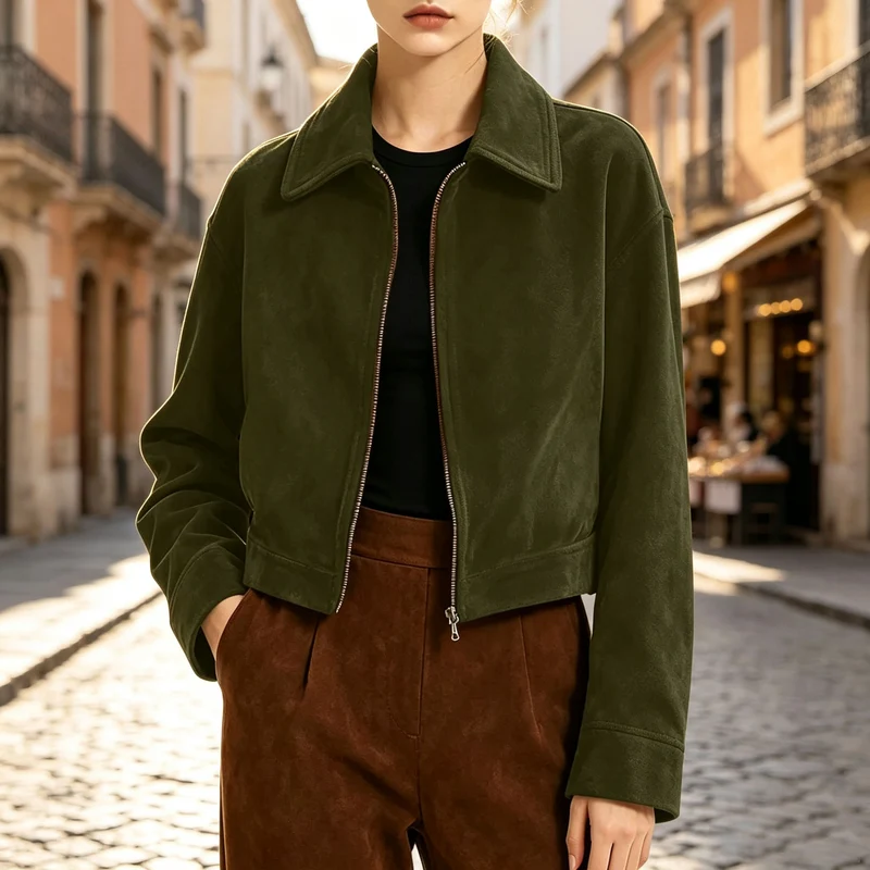 Damen Kurzjacke aus Wildlederoptik mit Reißverschluss und weitem Hemdkragen Nord Taschen