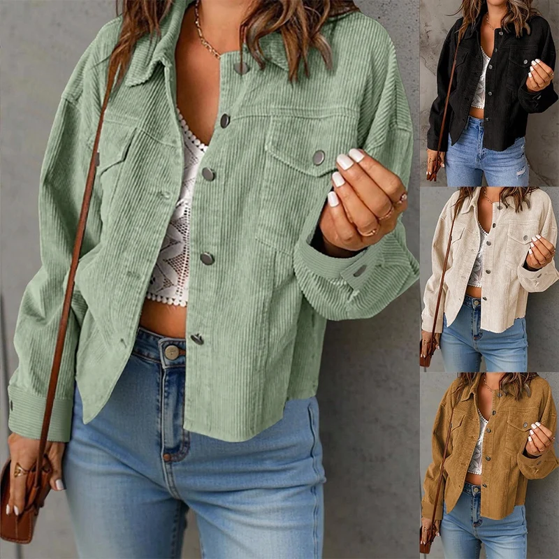 Damen Kurzjacke aus Cord mit Oversize-Passform, Brusttaschen und Druckknopfleiste Nord Taschen