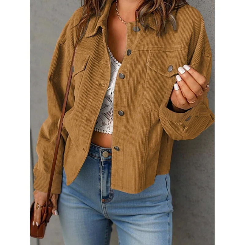 Damen Kurzjacke aus Cord mit Oversize-Passform, Brusttaschen und Druckknopfleiste Nord Taschen
