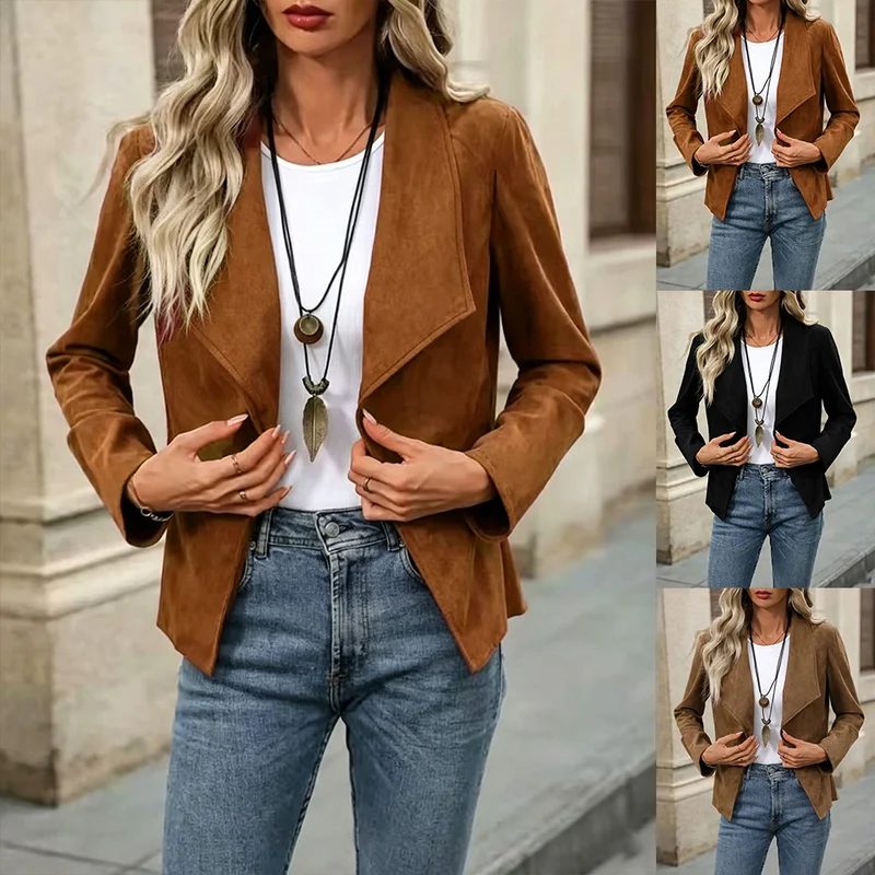 Damen Kurzblazer in Velourslederoptik mit Wasserfallkragen und taillierter Silhouette Nord Taschen