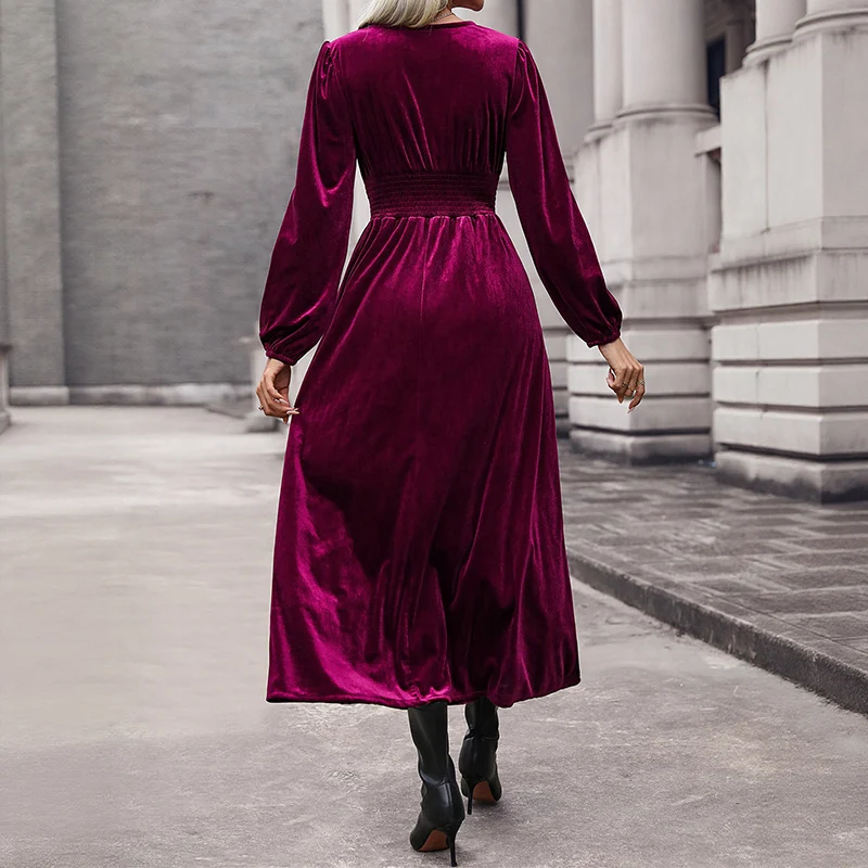 Damen Elegantes Samt-Midikleid mit Spitzen-V-Ausschnitt, taillierter Korsagenoptik und asymmetrischem Saum Nord Taschen