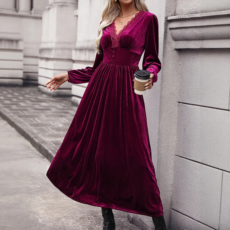 Damen Elegantes Samt-Midikleid mit Spitzen-V-Ausschnitt, taillierter Korsagenoptik und asymmetrischem Saum Nord Taschen