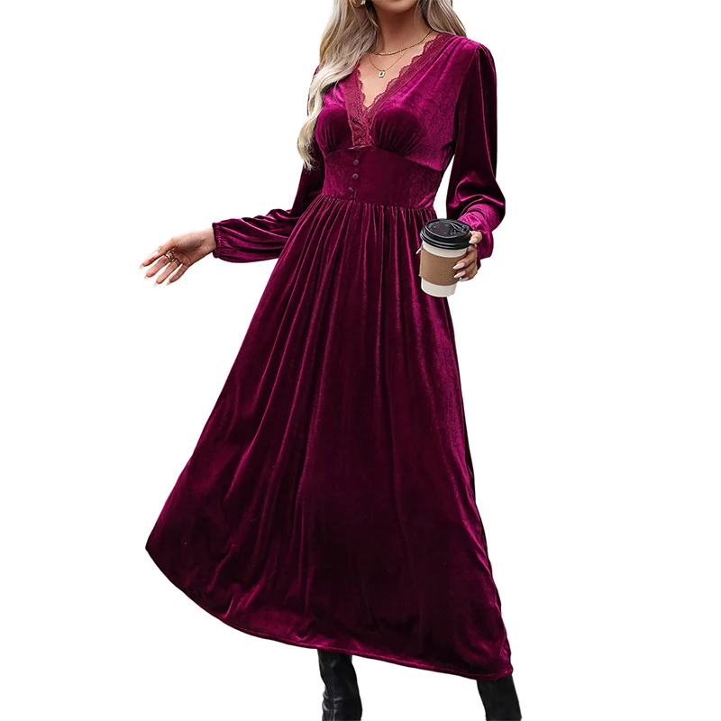 Damen Elegantes Samt-Midikleid mit Spitzen-V-Ausschnitt, taillierter Korsagenoptik und asymmetrischem Saum Nord Taschen