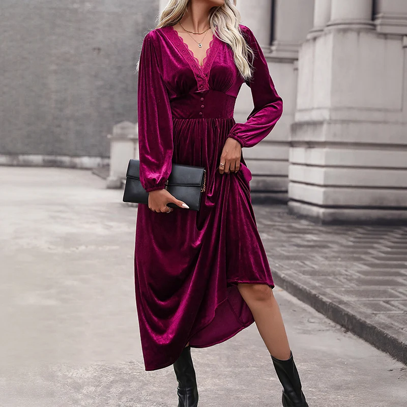 Damen Elegantes Samt-Midikleid mit Spitzen-V-Ausschnitt, taillierter Korsagenoptik und asymmetrischem Saum Nord Taschen
