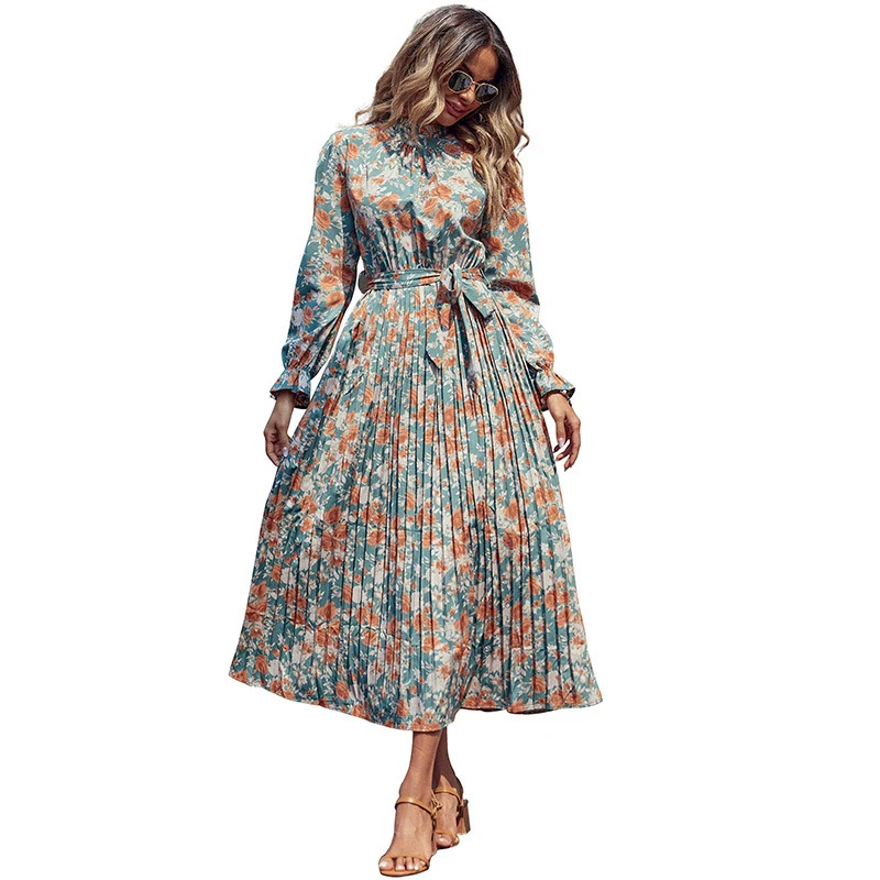 Damen Elegantes Plisseekleid mit Blumenprint, Raffung am Kragen und Bindegürtel Nord Taschen