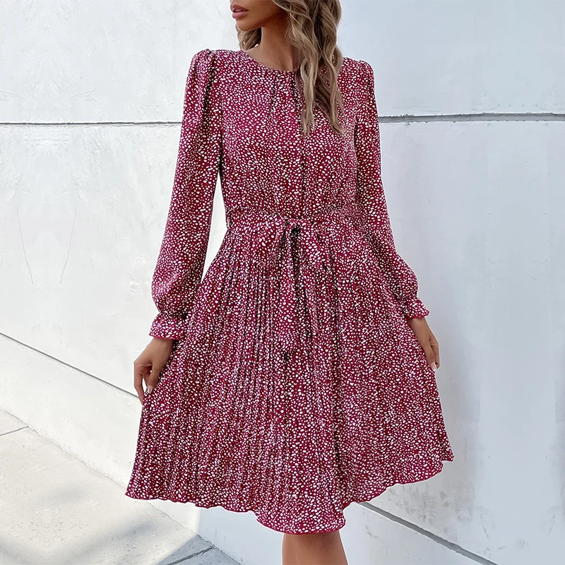 Damen Elegantes Plissee‑Midikleid mit Taillenschärpe, gerafften Puffärmeln und A‑Linie Nord Taschen