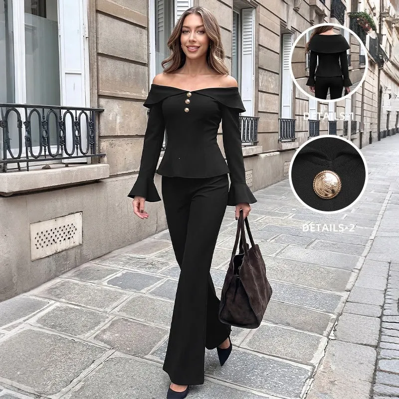 Damen Elegantes Off-Shoulder Zweiteiler-Set mit tailliertem Corsagen-Top & ausgestellter Palazzo-Hose Nord Taschen
