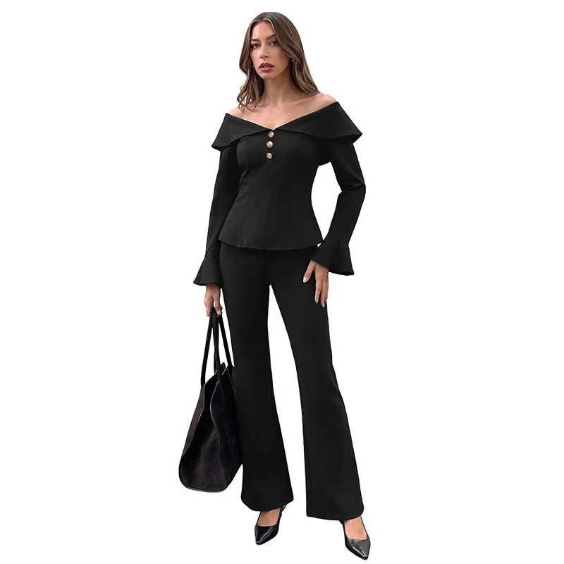 Damen Elegantes Off-Shoulder Zweiteiler-Set mit tailliertem Corsagen-Top & ausgestellter Palazzo-Hose Nord Taschen