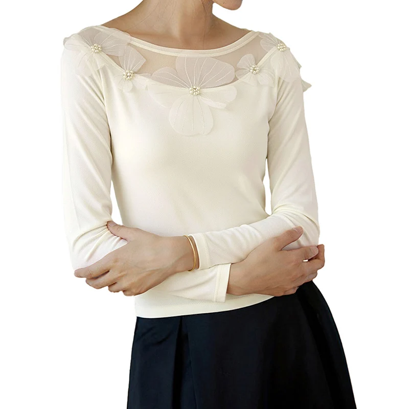 Damen Elegantes Langarmshirt mit transparentem Tüll‑Einsatz und 3D‑Blütenapplikation Nord Taschen