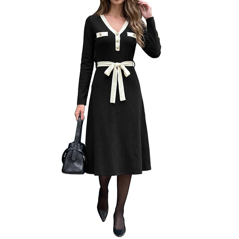 Damen Elegantes A-Linien-Midikleid mit V-Ausschnitt, Zierknopfleiste, Kontrastpaspel & Bindegürtel Nord Taschen