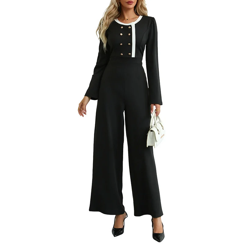 Damen Eleganter Palazzo-Overall mit hoher Taille, Zierknopfleiste und kontrastierender Passe Nord Taschen
