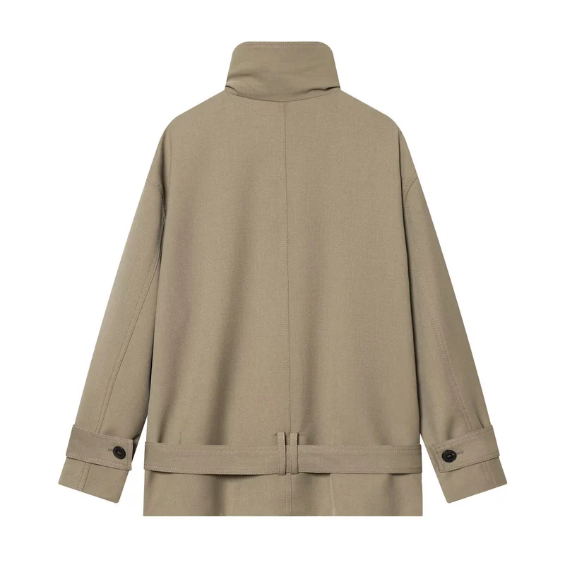 Damen Kurz-Trenchcoat mit doppelreihiger Knopfleiste, Taillengürtel und hohem Stehkragen Nord Taschen