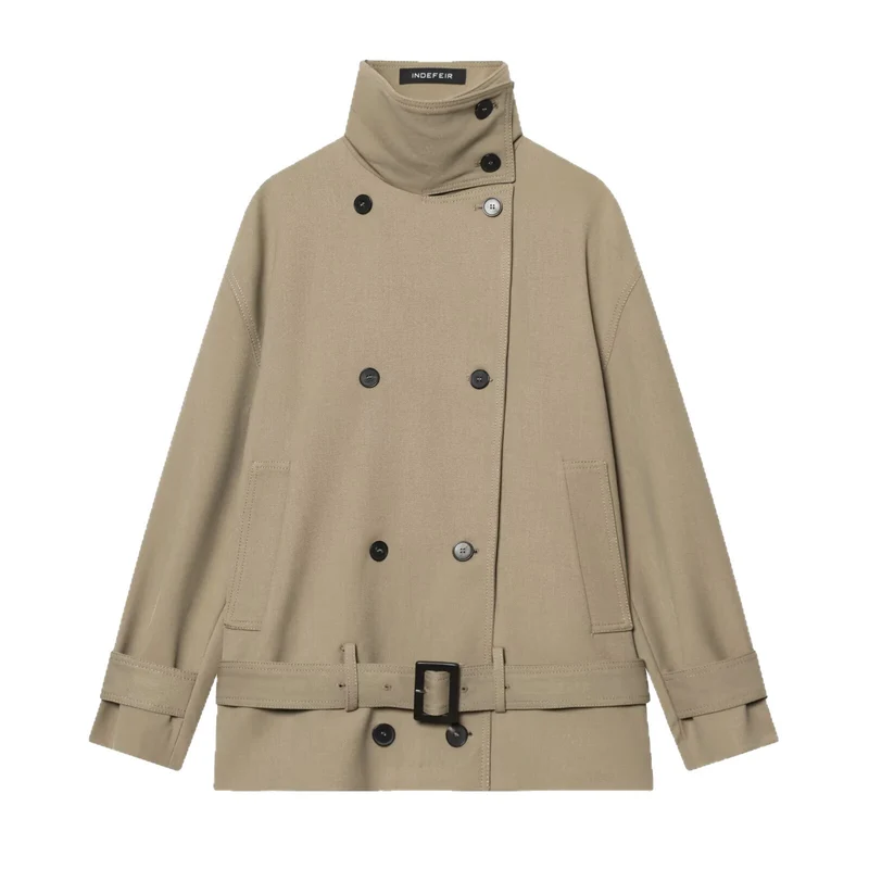 Damen Kurz-Trenchcoat mit doppelreihiger Knopfleiste, Taillengürtel und hohem Stehkragen Nord Taschen