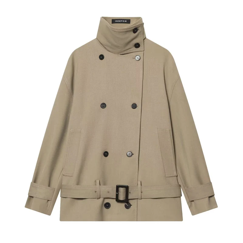 Damen Kurz-Trenchcoat mit doppelreihiger Knopfleiste, Taillengürtel und hohem Stehkragen Nord Taschen