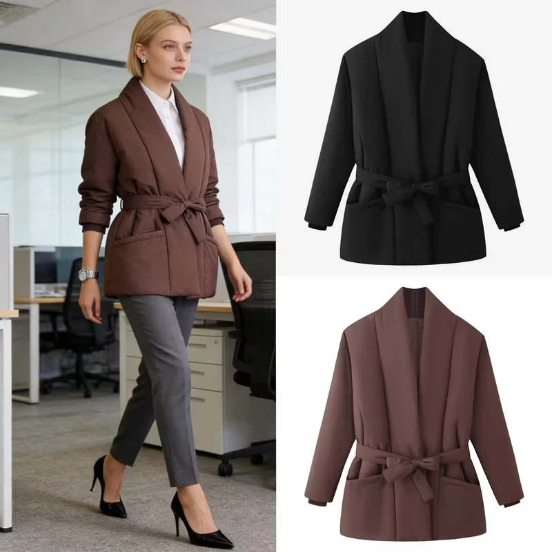 Damen Kurz gesteppte Wattierte Jacke mit Schalkragen und Taillengürtel Nord Taschen