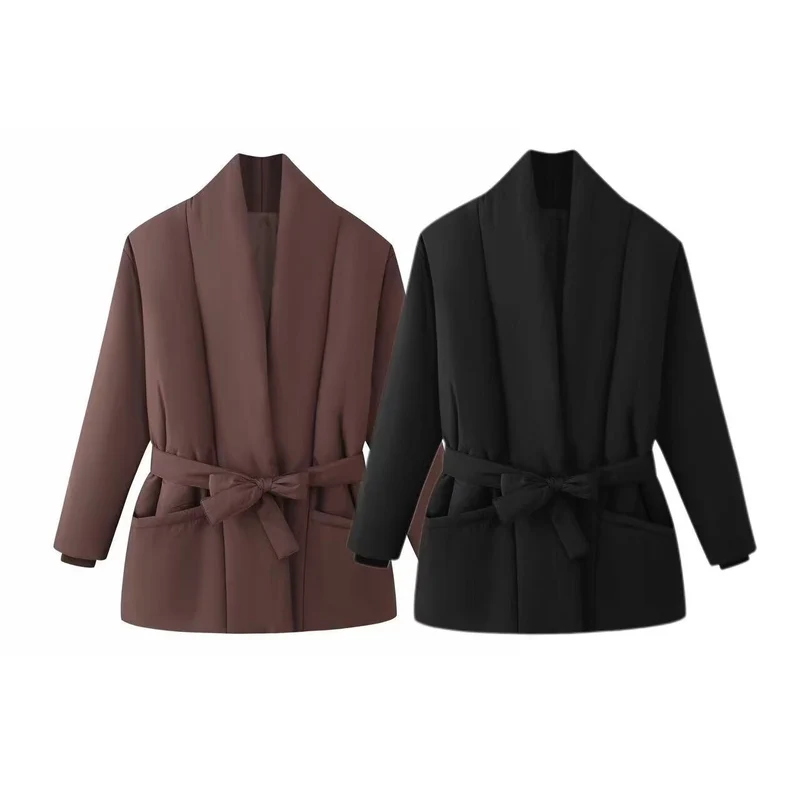 Damen Kurz gesteppte Wattierte Jacke mit Schalkragen und Taillengürtel Nord Taschen