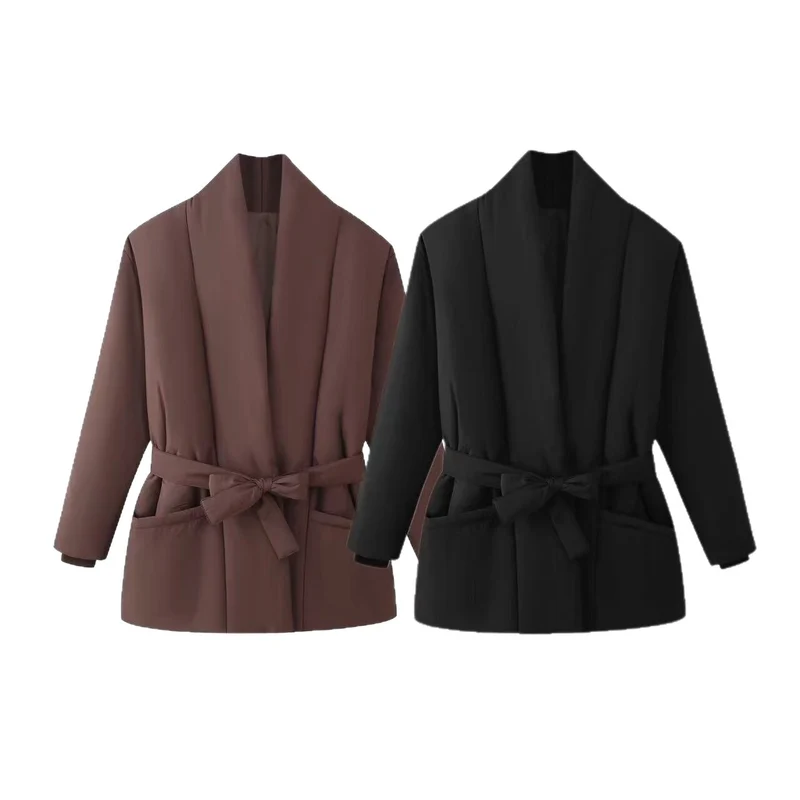 Damen Kurz gesteppte Wattierte Jacke mit Schalkragen und Taillengürtel Nord Taschen
