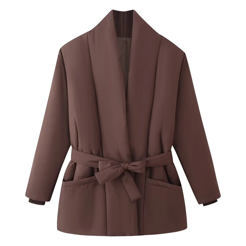 Damen Kurz gesteppte Wattierte Jacke mit Schalkragen und Taillengürtel Nord Taschen