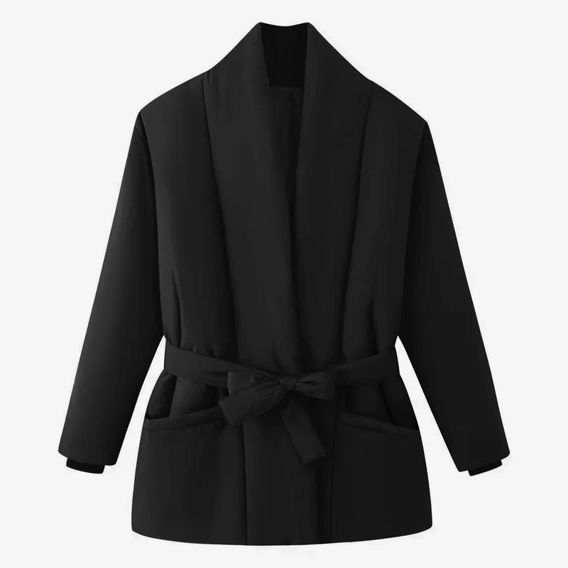 Damen Kurz gesteppte Wattierte Jacke mit Schalkragen und Taillengürtel Nord Taschen