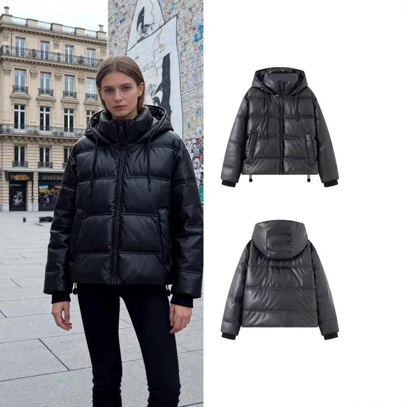 Damen Kurz gesteppte Kunstleder-Pufferjacke mit Kapuze, Tunnelzug und seitlichen Eingrifftaschen Nord Taschen