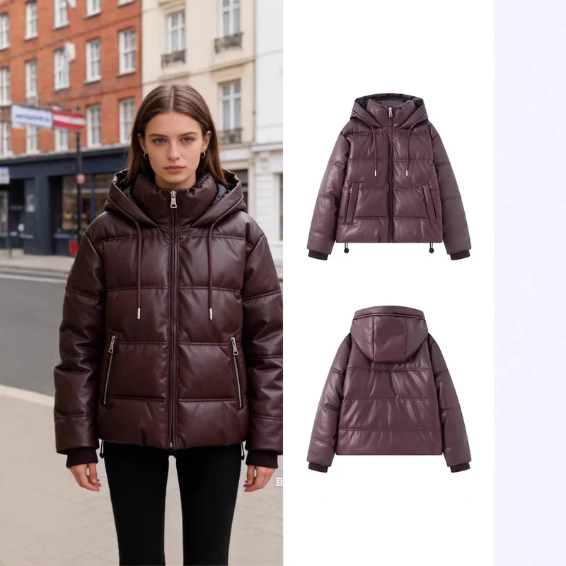 Damen Kurz gesteppte Kunstleder-Pufferjacke mit Kapuze, Tunnelzug und seitlichen Eingrifftaschen Nord Taschen