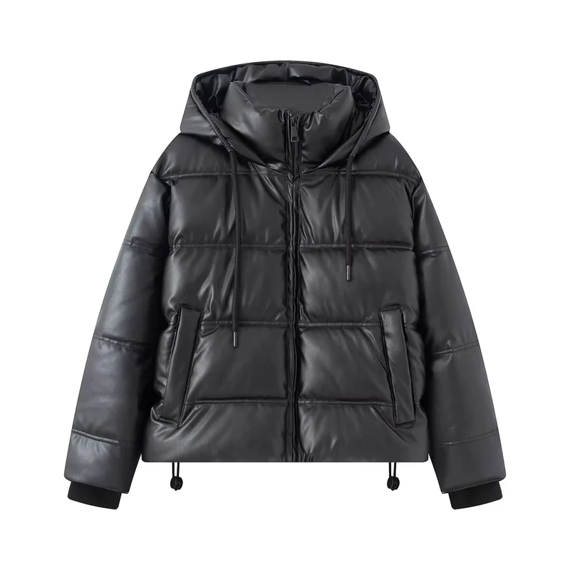 Damen Kurz gesteppte Kunstleder-Pufferjacke mit Kapuze, Tunnelzug und seitlichen Eingrifftaschen Nord Taschen