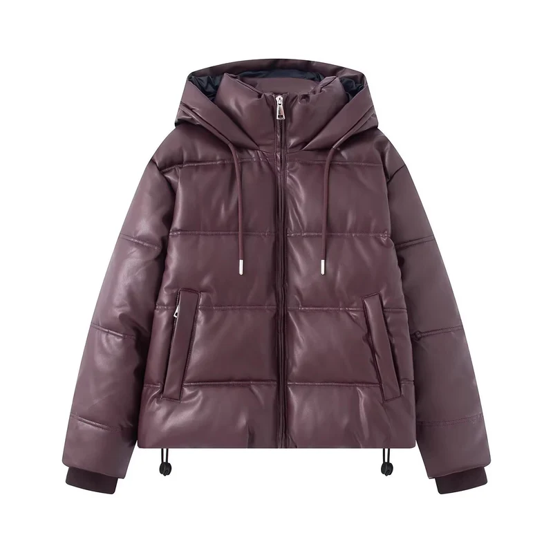 Damen Kurz gesteppte Kunstleder-Pufferjacke mit Kapuze, Tunnelzug und seitlichen Eingrifftaschen Nord Taschen