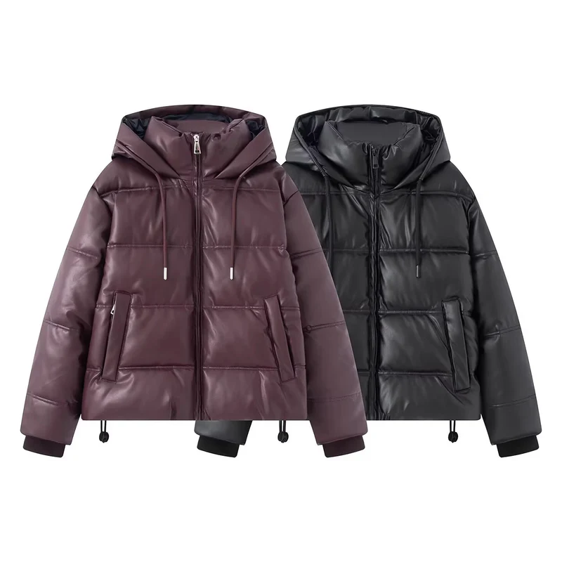 Damen Kurz gesteppte Kunstleder-Pufferjacke mit Kapuze, Tunnelzug und seitlichen Eingrifftaschen Nord Taschen