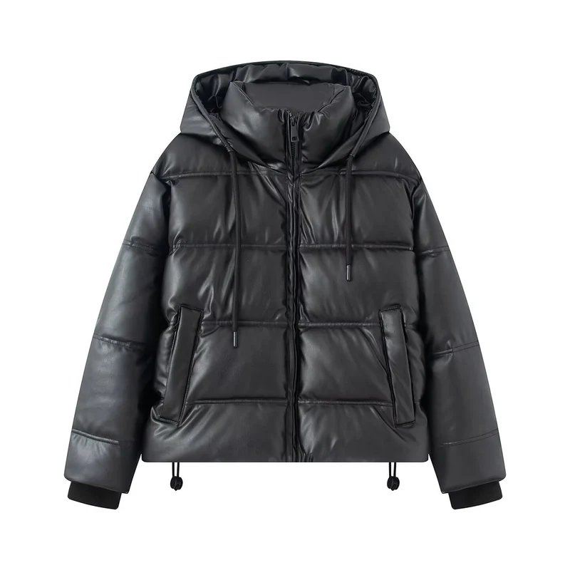 Damen Kurz gesteppte Kunstleder-Pufferjacke mit Kapuze, Tunnelzug und seitlichen Eingrifftaschen Nord Taschen