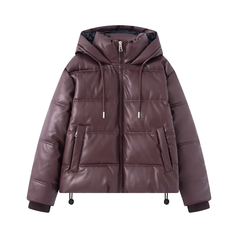 Damen Kurz gesteppte Kunstleder-Pufferjacke mit Kapuze, Tunnelzug und seitlichen Eingrifftaschen Nord Taschen