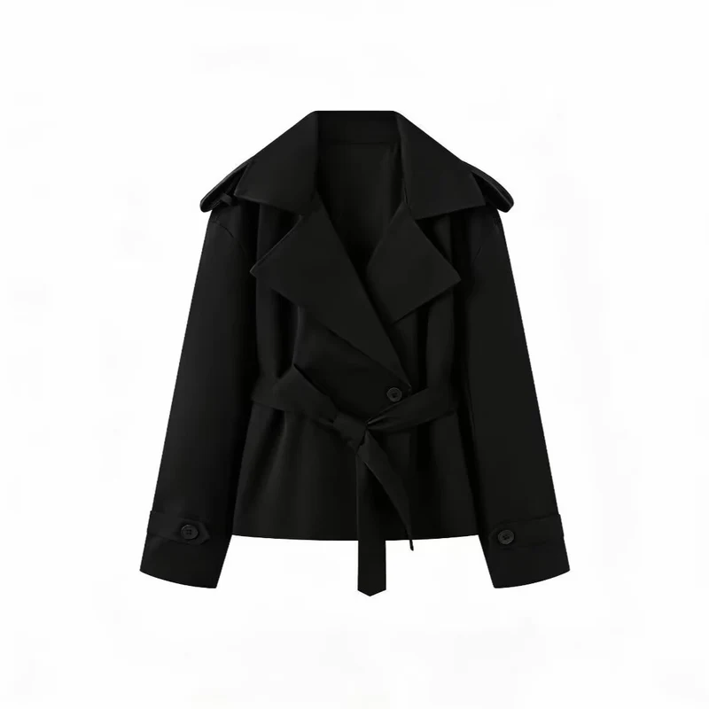 Damen Kurz geschnittener Trenchcoat mit Taillengürtel und breitem Revers Nord Taschen